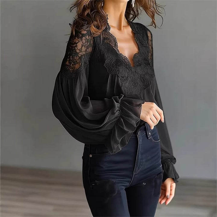 Weißes Damen Langarmshirt mit Puffärmeln & Rüschen; bequemes, elegantes Oberteil für Damen.