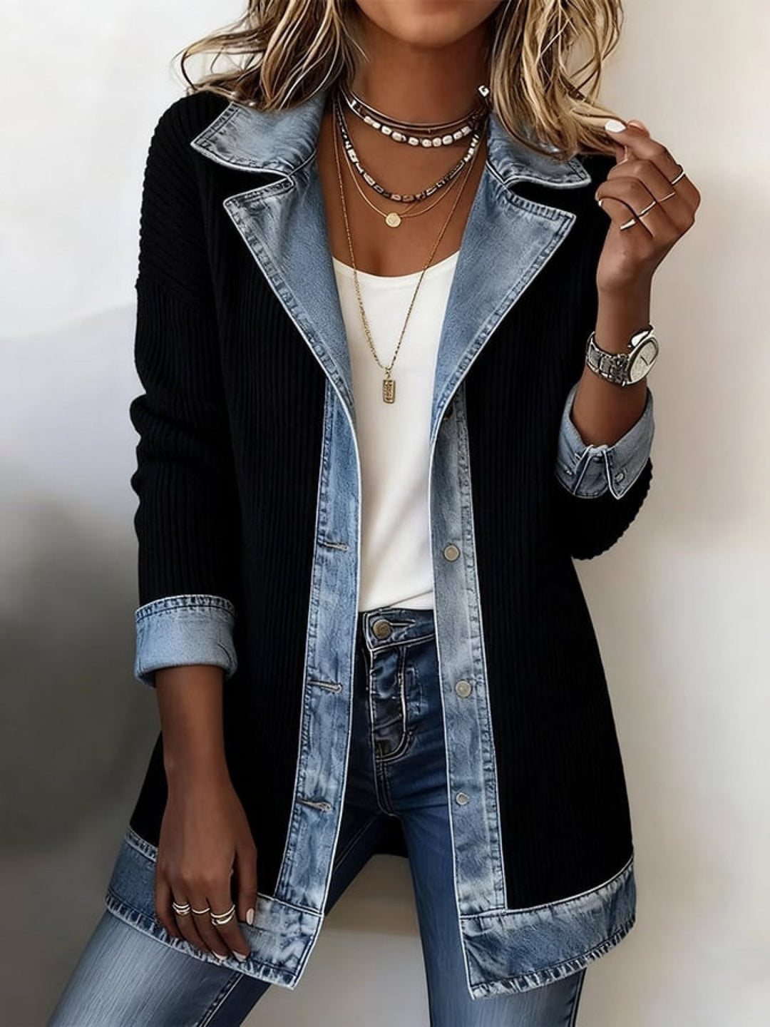 Damen Freizeit Blazer im Kontrast-Stil, kombinierbar für entspannte Tage & moderne Outfits.