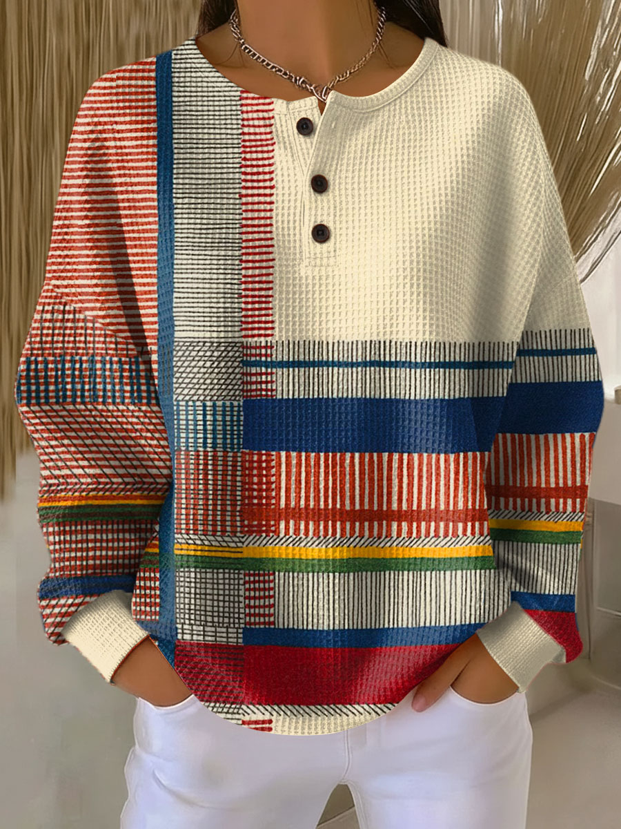 Beiger Damen Waffelstrick Pullover mit langen Ärmeln, lockerer Passform. Gemütliches Oberteil für Freizeit und Alltag.