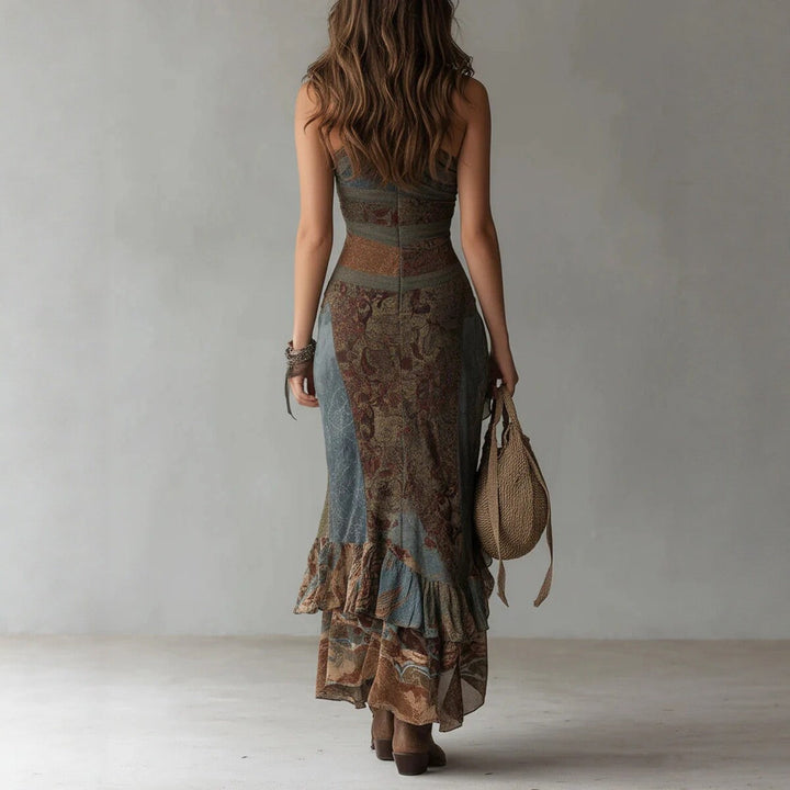 Trendiges Damen Patchwork Maxikleid im Retro-Stil, bedruckt, mit elegantem Schlitz; vielseitiges Urlaubskleid.
