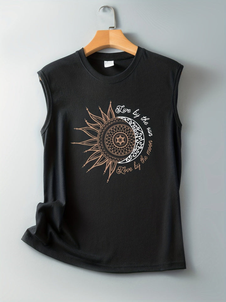 Damen Tanktop mit spirituellem Sonne-Mond Mandala, lässig und perfekt für den Sommer.
