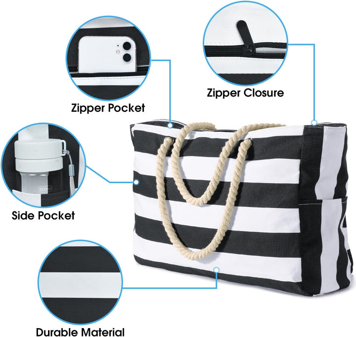 Große Tote Bag für Damen, wasserdicht, mit Reißverschluss, gefüllt mit Reiseutensilien.