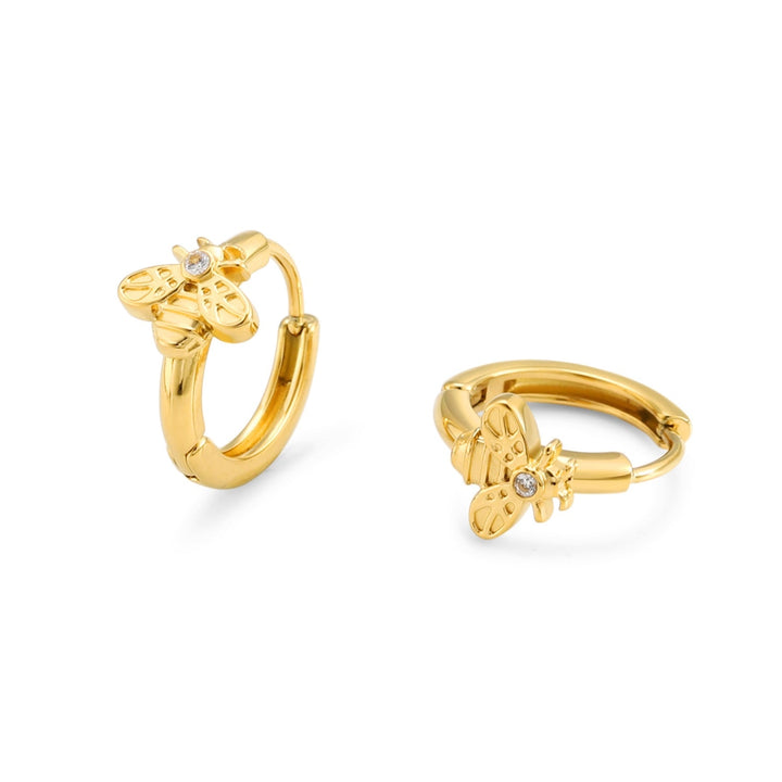 Damen Gold Creolen mit filigranem Bienen-Design und glänzenden Zirkon-Steinen, ideal für Alltag und Anlässe.