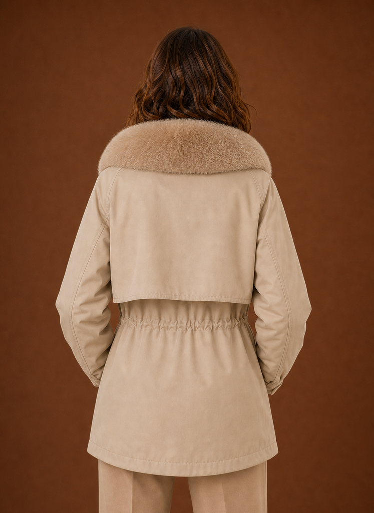 Vielseitiger Damen Parka mit Kunstfellkapuze. Ideal als warme Outdoorjacke oder stilvolle Casual-Mode.