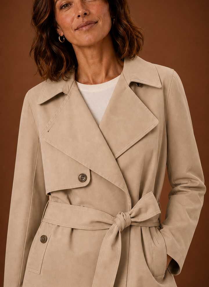 Zeitloser Damen Trenchcoat mit Gürtel. Eleganter Mantel für Business- & Casual-Anlässe im Frühling.