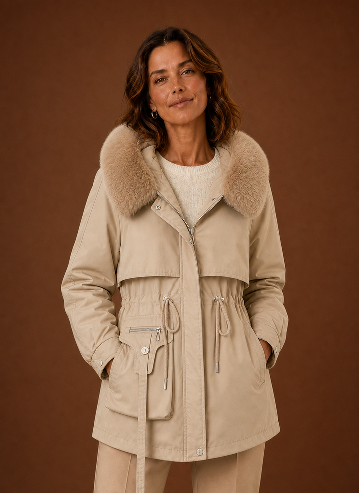 Warme Damen Winterjacke mit gemütlicher Kunstfellkapuze. Ideal für Outdoor & Casual Damenmode.