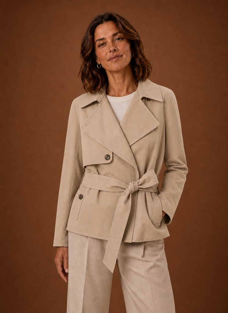 Schokobrauner Damen Gürtelmantel mit Reverskragen. Modische Eleganz für kühle Frühlingstage.