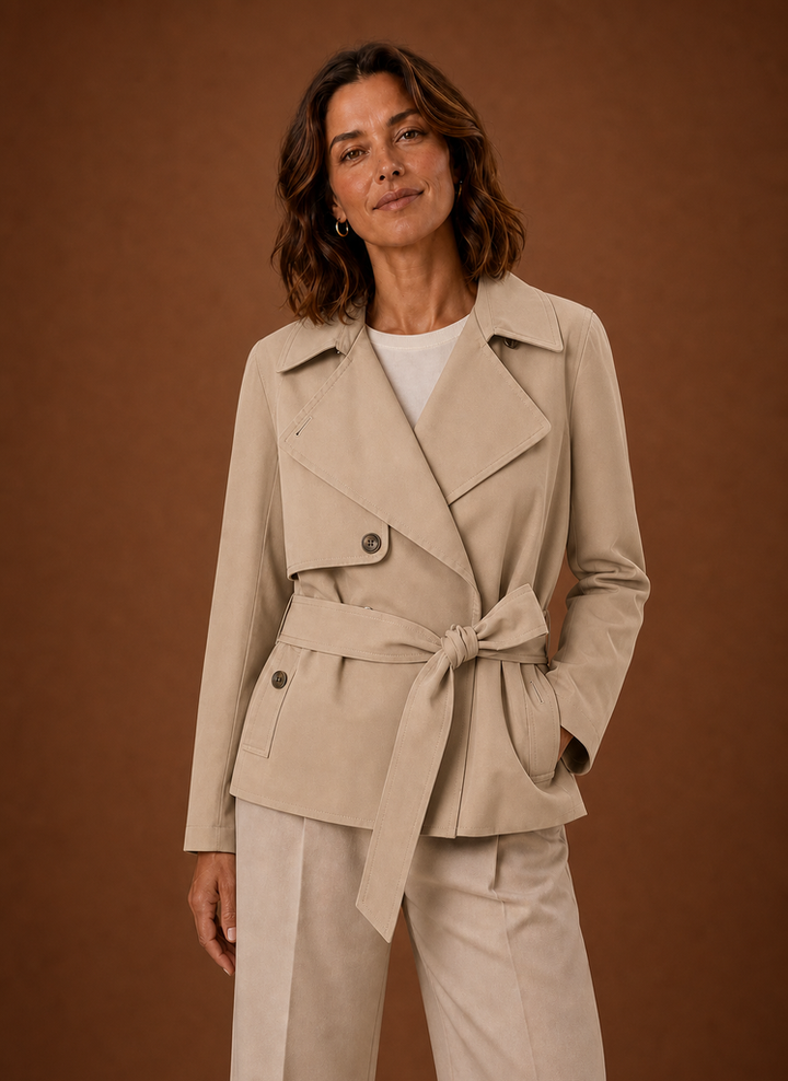 Schokobrauner Damen Gürtelmantel mit Reverskragen. Modische Eleganz für kühle Frühlingstage.
