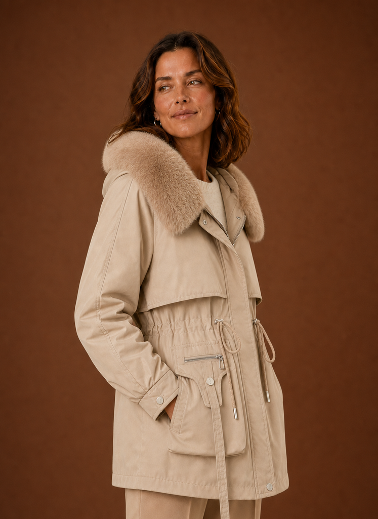 Rückenansicht des Damen Parkas mit stilvoller Kunstfellkapuze. Warme & modische Winterbekleidung.