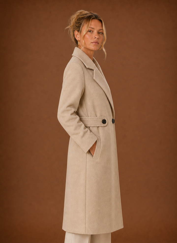 Detailansicht eines hochwertigen beigen Damen Trenchcoats. Klassisches Design & elegante Details der Übergangsjacke.
