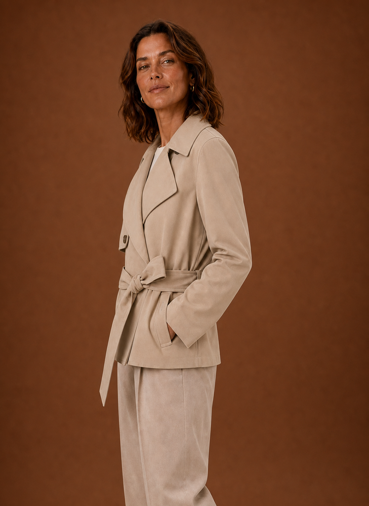 Stilvoller Damen Trenchcoat in Schokobraun mit Gürtel. Must-have für Übergangszeiten.