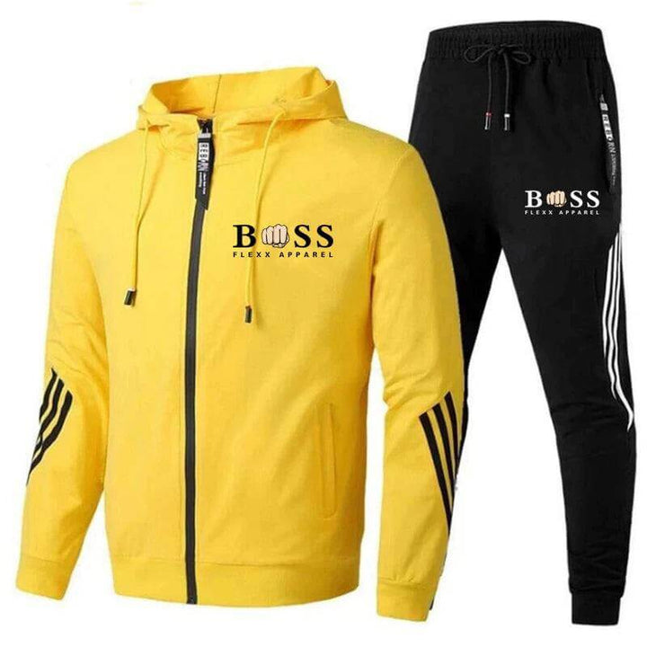 Eleganter Herren Freizeitanzug für Sport & Alltag. Schwarzer Slim Fit Sportanzug mit Reißverschlussjacke und Jogginghose.
