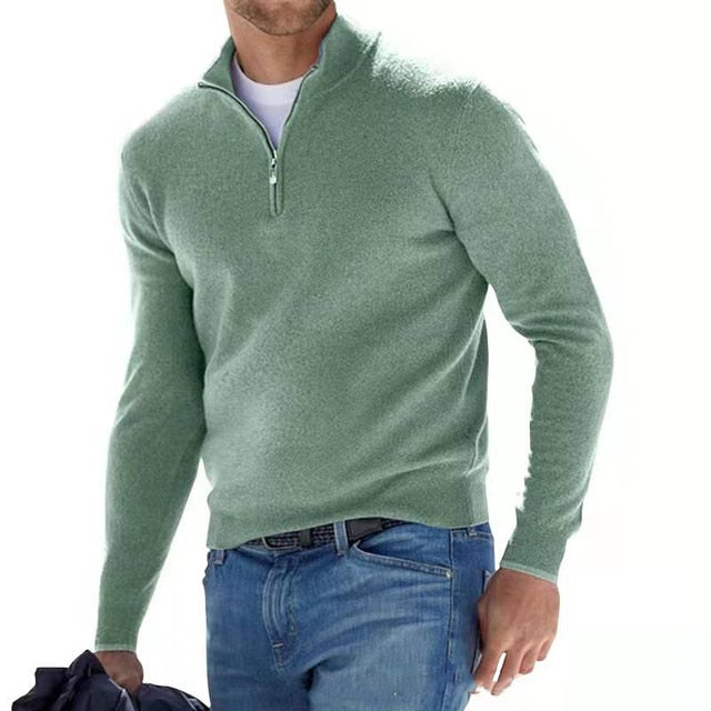 Moderner Herrenpullover, eleganter V-Ausschnitt, praktischer Reißverschluss, weiches Material, bequem & stilvoll.