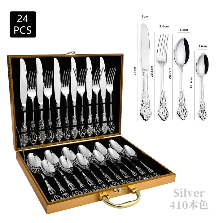 Glänzendes silbernes Edelstahl Besteckset für 6 Personen. Zeitloses Essbesteck, spülmaschinenfest.