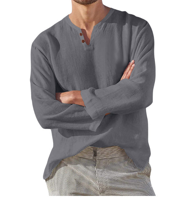 Bequemes Herren Casual Langarm Hemd mit V-Ausschnitt. Ideal für den Alltag, als Sommerhemd oder Übergangs-Freizeitlook.