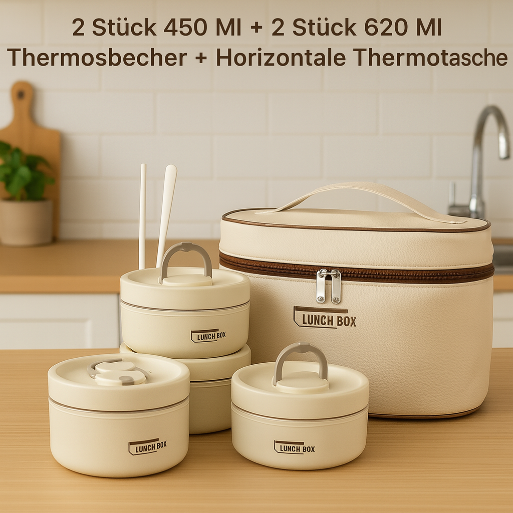 Praktische Lunchbox / Thermosbox für Mealprep. Hält Essen warm beim Sport oder im Büro. Edelstahl-Set.