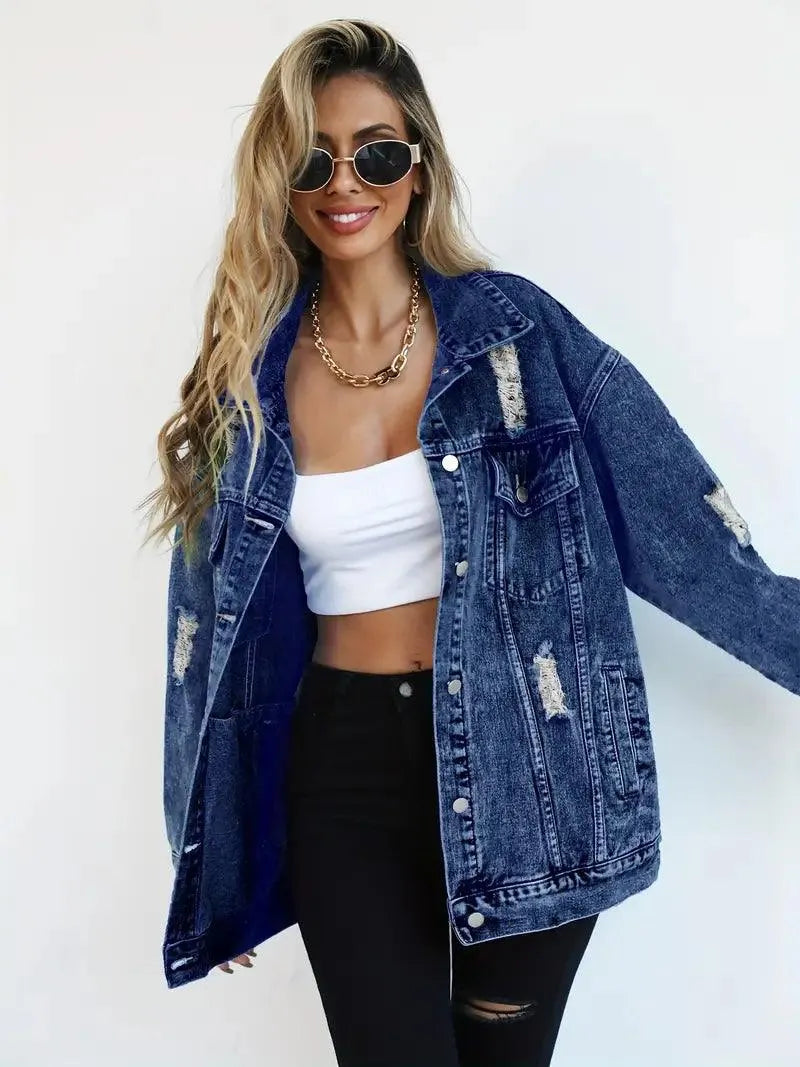 Oversized Damen Jeansjacke "Talia" mit Kapuze, wasserfest & warm gefüttert. Casual Herbstmode.