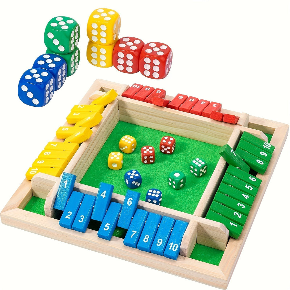 Hochwertiges Shut the Box Holzspielbrett, poliert mit schwarzen Zahlenklappen und zwei Würfeln.