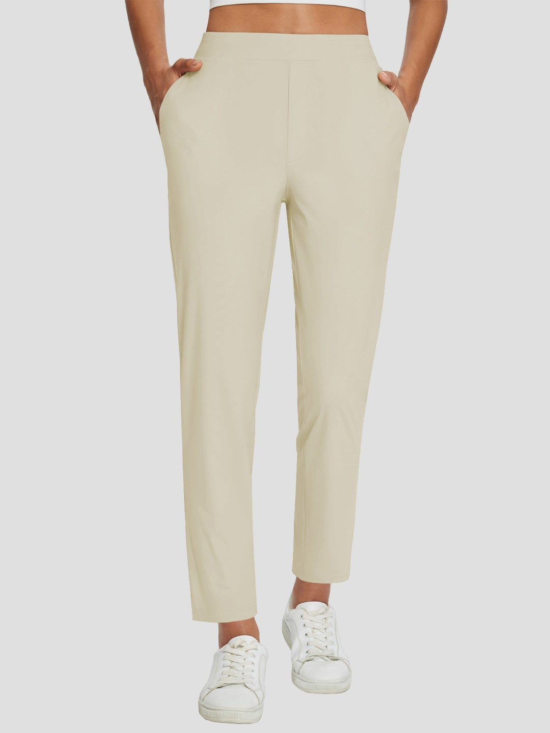 Moderne Damenhose mit hohem Bund, Leinen, UPF 50+. Beinschlitz sorgt für Bewegungsfreiheit.