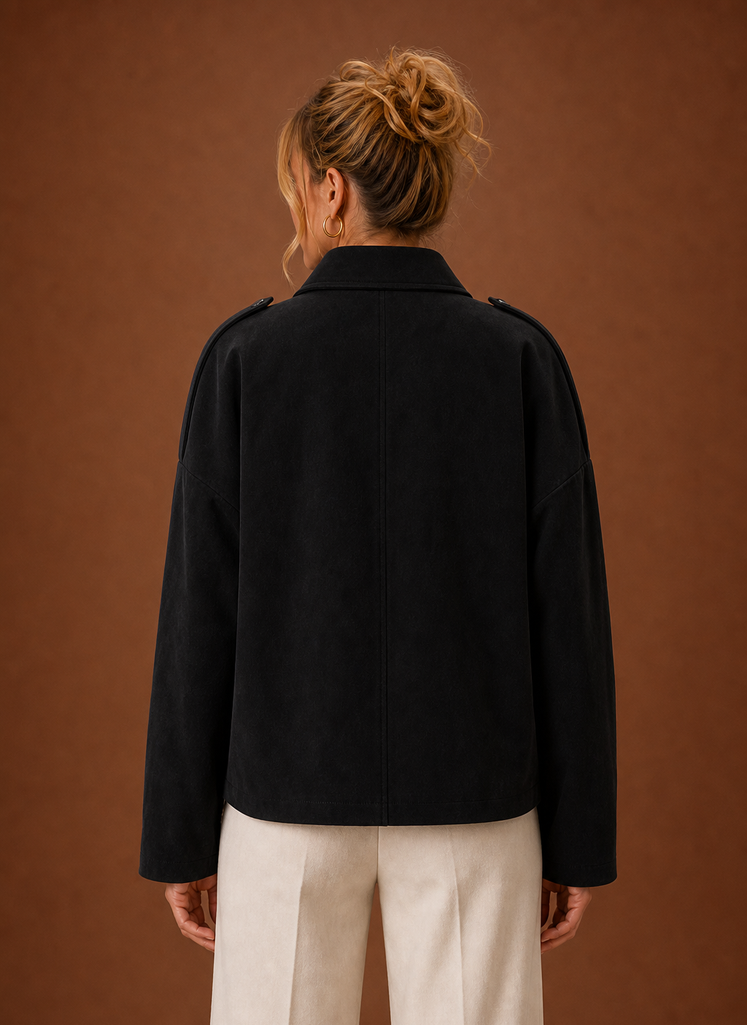 Seitliche Ansicht der Damen Herbstjacke, zeigt den weiten, entspannten Boxy Schnitt und Komfort.