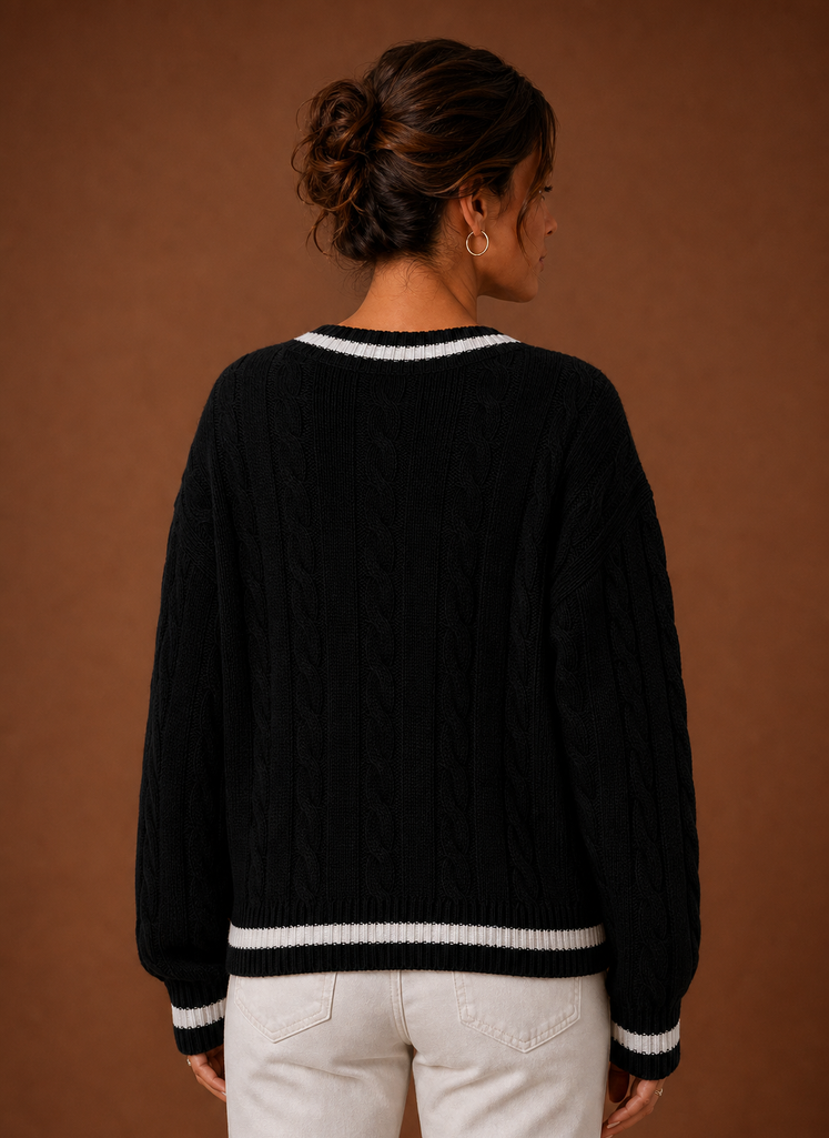 Detailansicht: Hochwertiger Zopfstrick & V-Ausschnitt des Damen Strickpullovers. Eleganter Look für Damenmode.