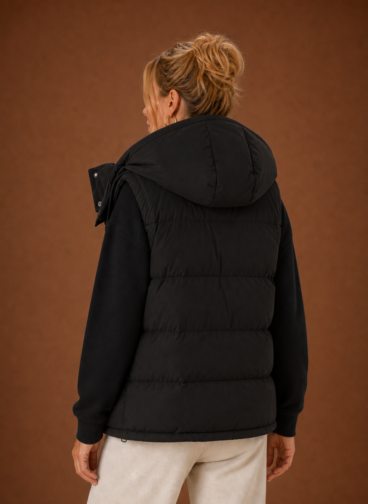 Cremeweiße Oversized Damen Steppweste mit Kapuze. Vielseitige Herbst-Wintermode, perfekt zum Layering.