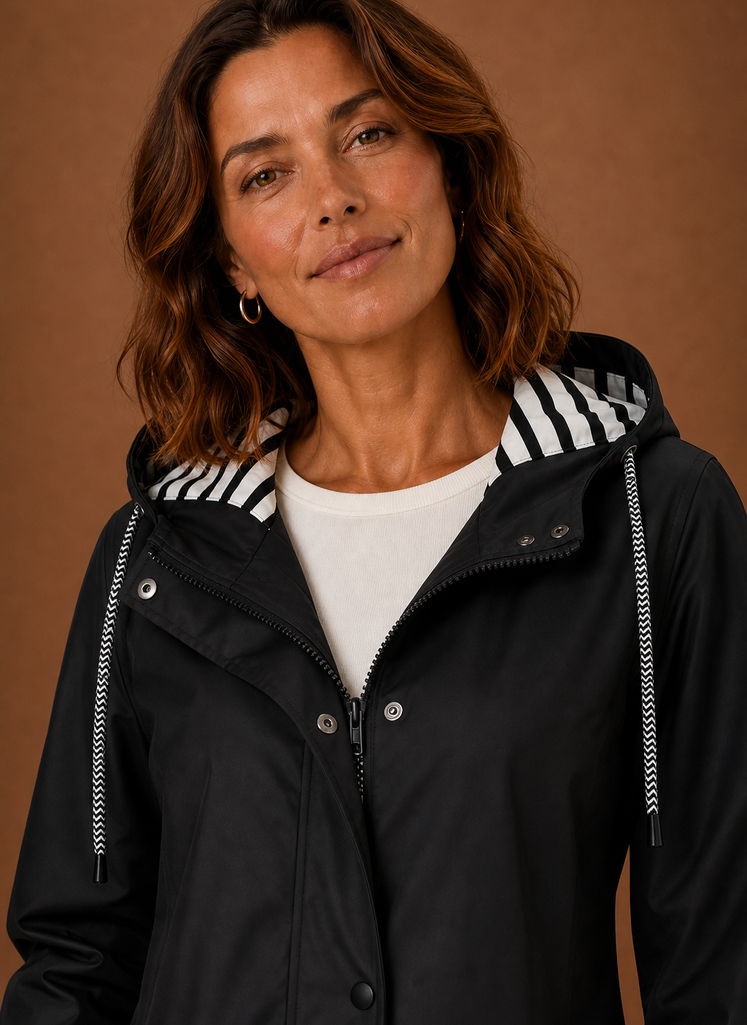 Dame trägt eleganten schwarzen Trenchcoat mit Kapuze. Ideal für Herbstspaziergänge.