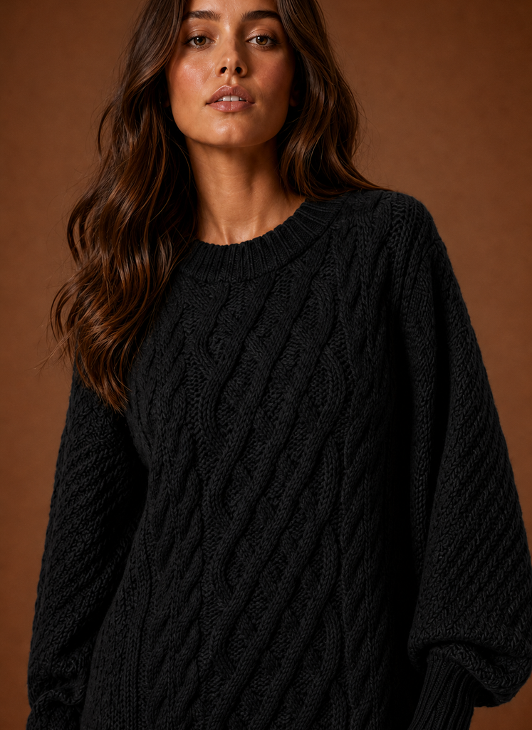Damen Strickkleid Oversized mit detailreichem Zopfmuster und Rundhalskragen.