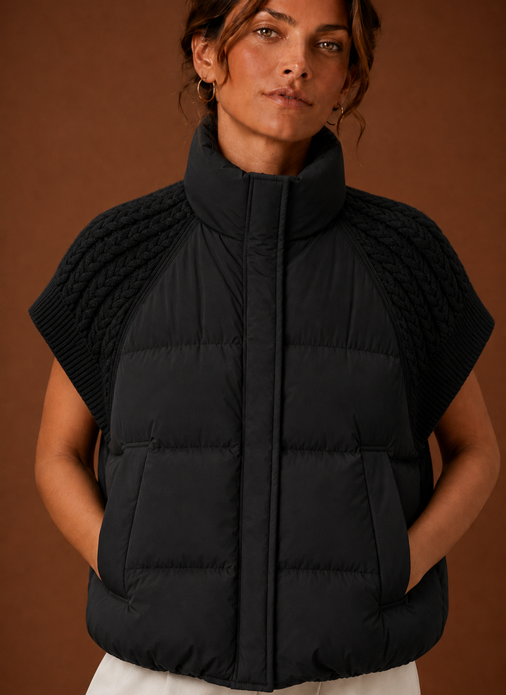 Trendige Damen Steppweste mit Kontrast-Strickeinsätzen, perfekt kombinierbar und modern.