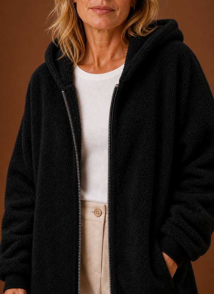 Damen Herbstmode: kuschelige Langjacke mit Kapuze, warm und weich.