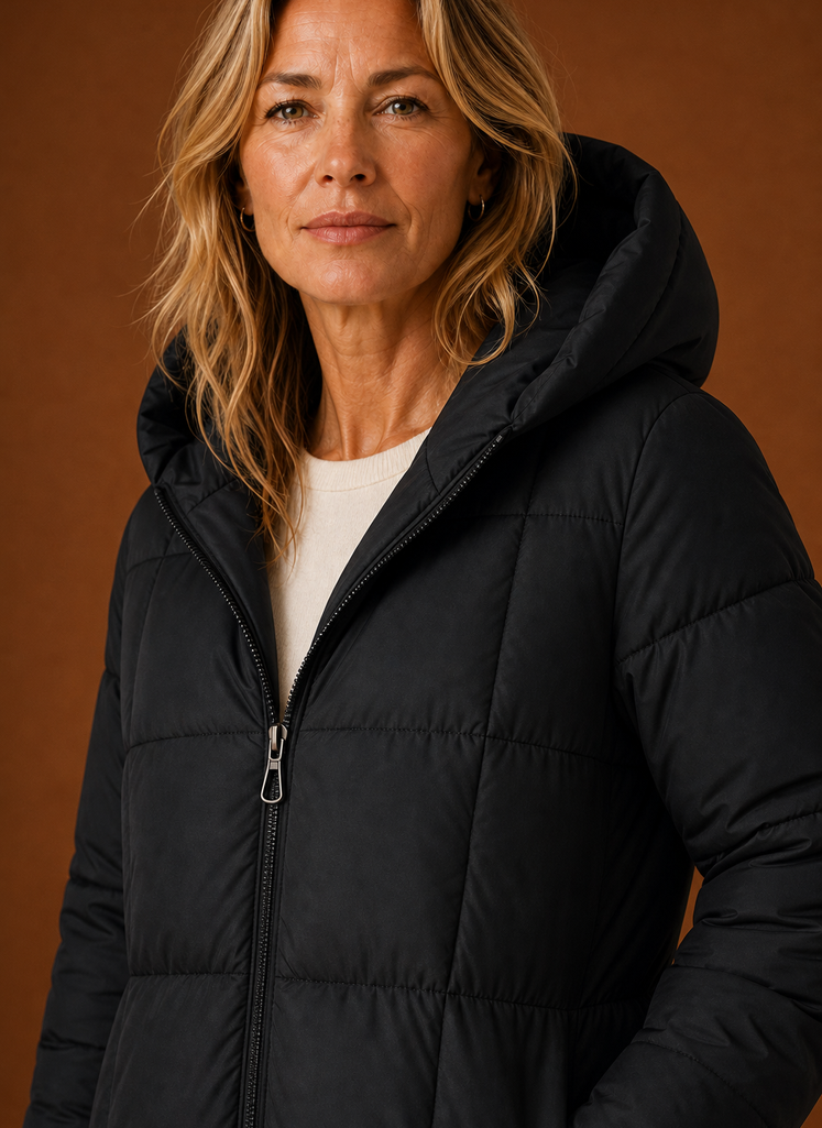 Moderner langer Damen Steppmantel mit Kapuze in Schwarz oder Schokobraun, elegant und warm.