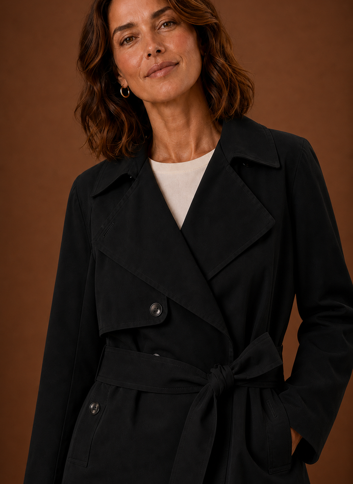 Vielseitiger Damen Trenchcoat mit Gürtel. Klassischer Schnitt, ideal für elegante Alltags-Looks.