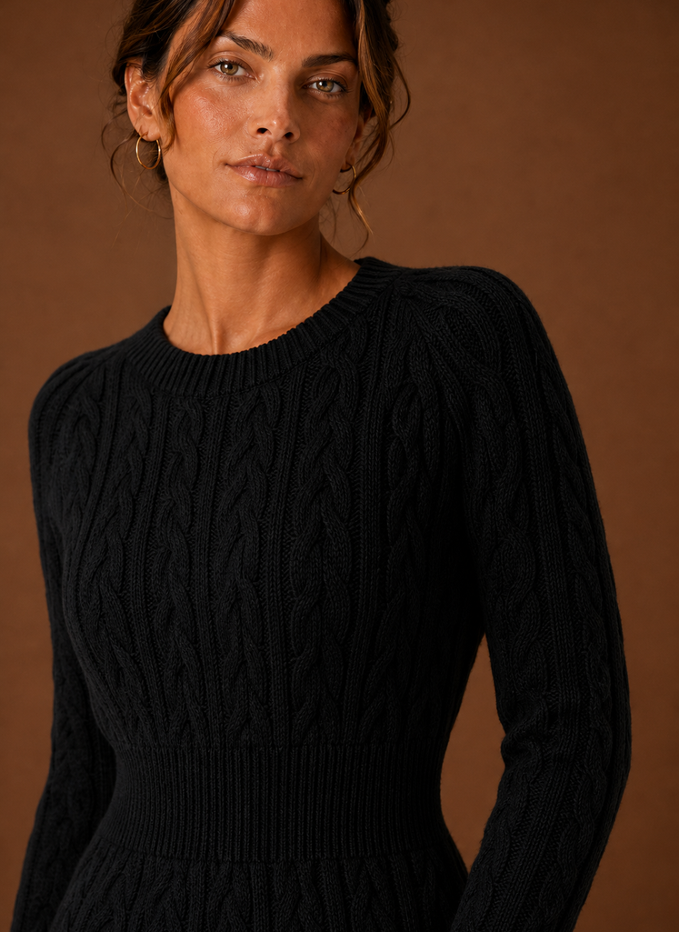 Weißes Damen Minikleid im Zopfmuster-Look, kuscheliges Strickkleid für die Freizeit.