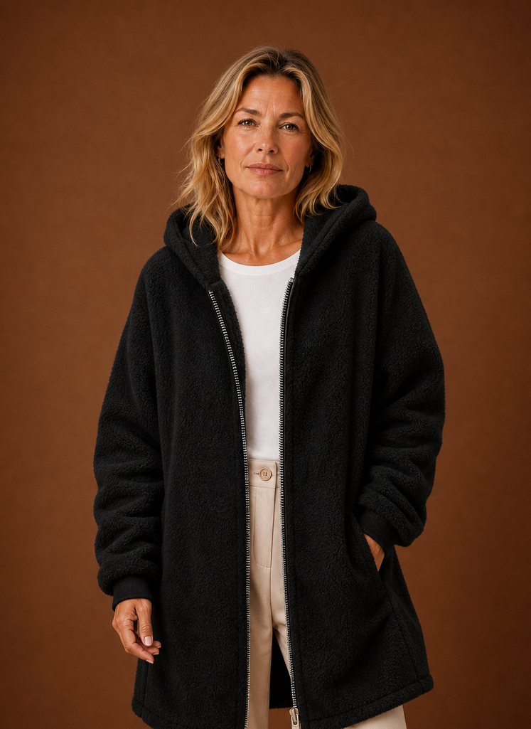 Damen kuschelige Langjacke mit Kapuze für Herbst & Winter; weich & warm.