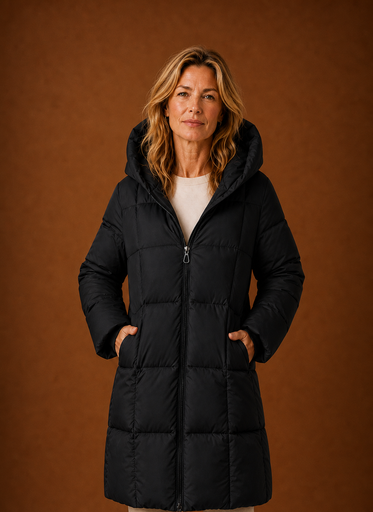Schwarzer langer Damen Steppmantel mit Kapuze, wärmend und elegant für kalte Wintertage.
