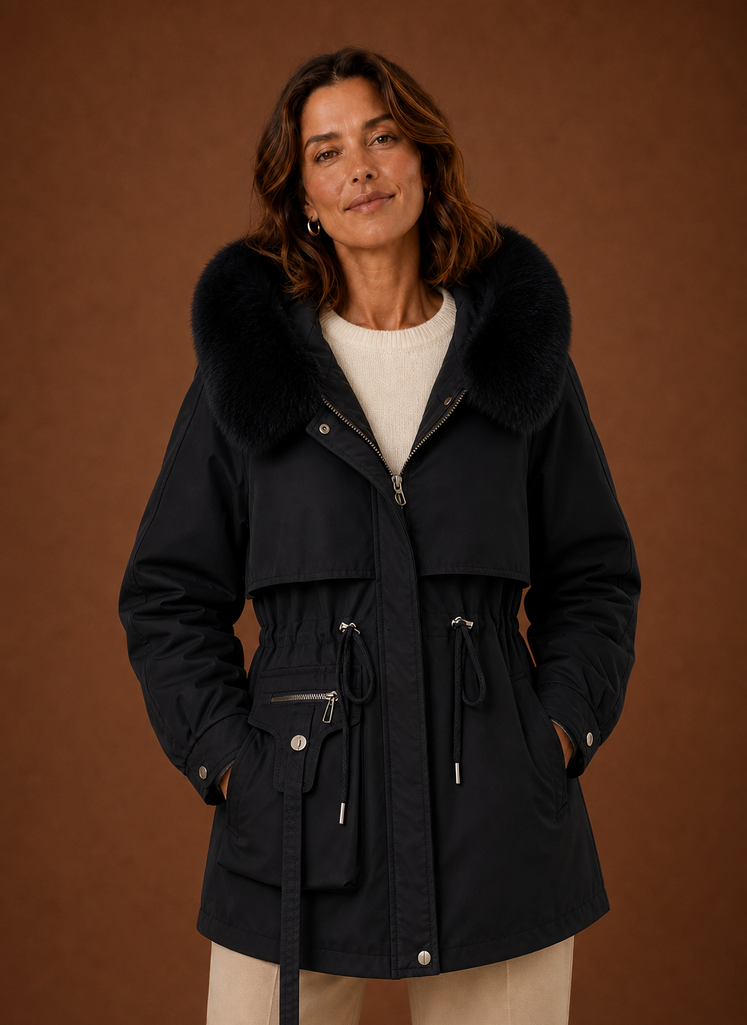Eleganter Damen Parka mit abnehmbarer Kunstfellkapuze. Modische Oberbekleidung für kalte Tage.