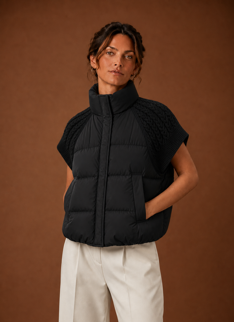 Damen Steppweste mit Strickeinsätzen, ärmellos, ideal für Herbst & Winter. Bequem und vielseitig.