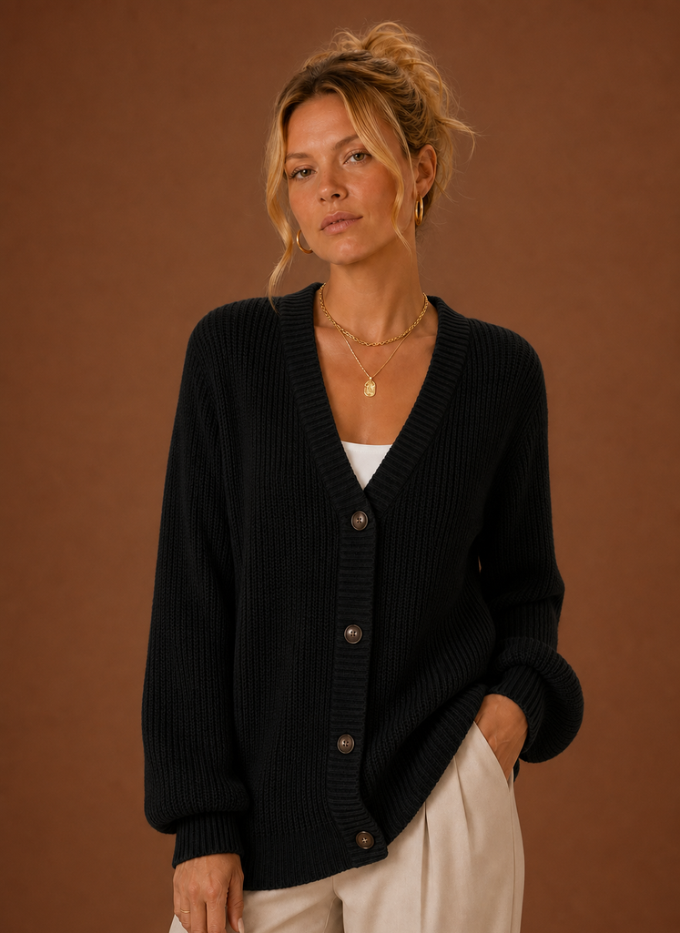 Lässige Damen Strickjacke aus Strick mit V-Ausschnitt & Langarm. Bequemer Cardigan für den Alltag.