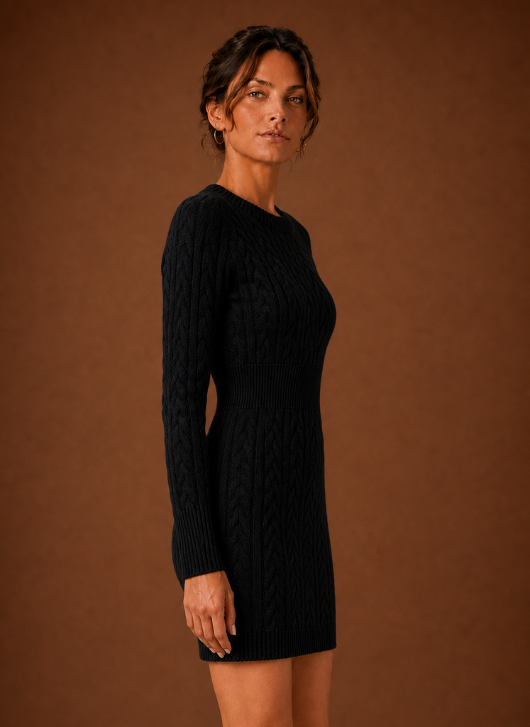 Elegantes schwarzes Damen Minikleid mit Zopfmuster, ideal für Herbst-Winter Outfits.