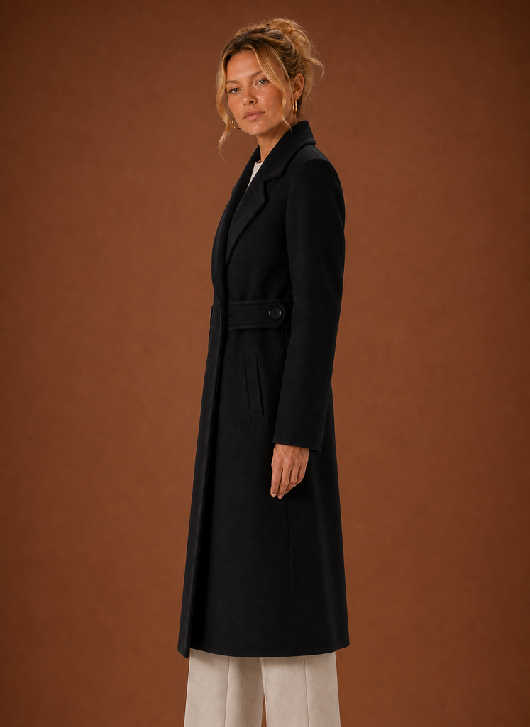 Eleganter schwarzer Langmantel für Damen. Zeitloser Trenchcoat für Business & Freizeit, perfekt für Herbst.