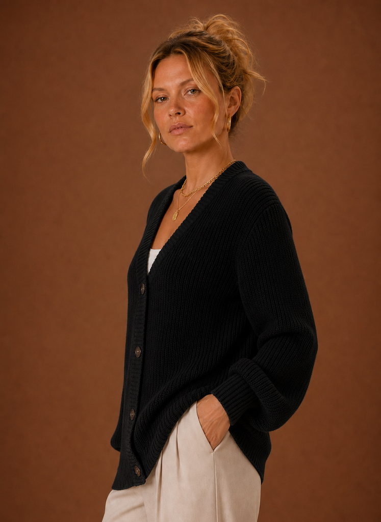 Damen Strickjacke mit V-Ausschnitt, langen Ärmeln & dezenter Knopfleiste. Komfortabler Strick-Begleiter.