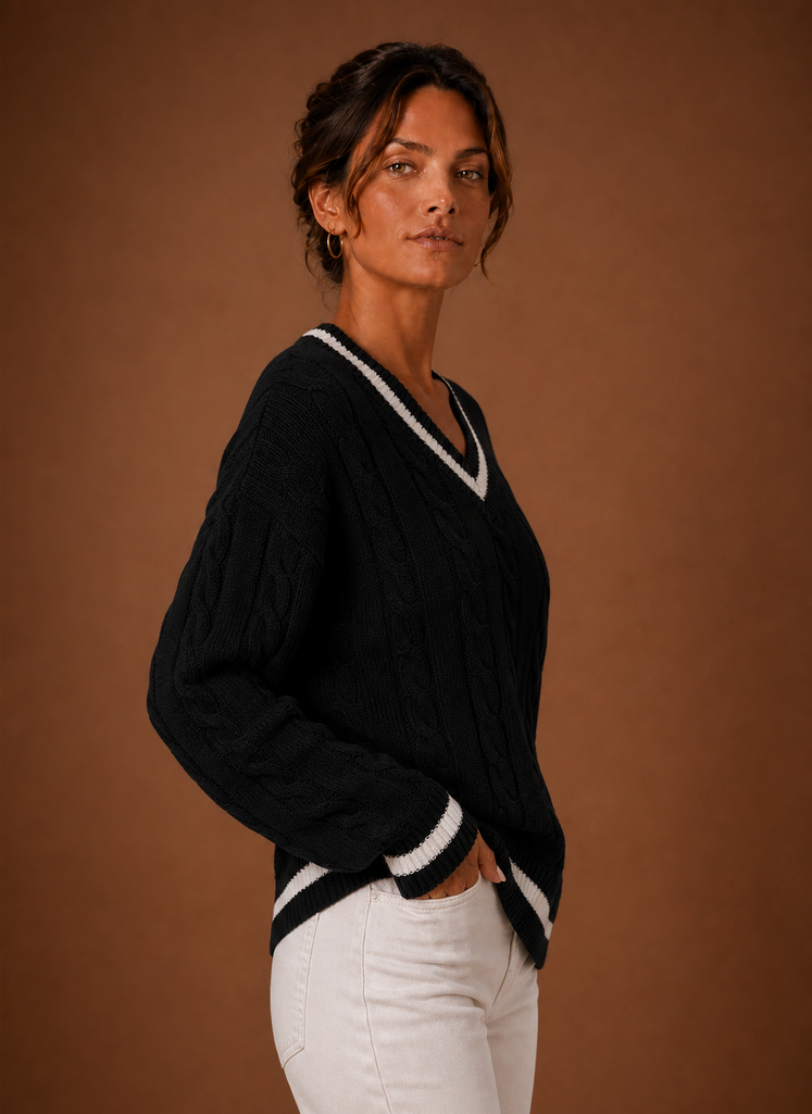 Modell trägt eleganten Damen Zopfstrickpullover, V-Ausschnitt, kombiniert für stilvolle Herbst-Looks.