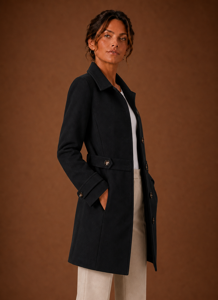 Oberbekleidung: Damen Trenchcoat schwarz, Midilänge, Knopfleiste, elegant & zeitlos.
