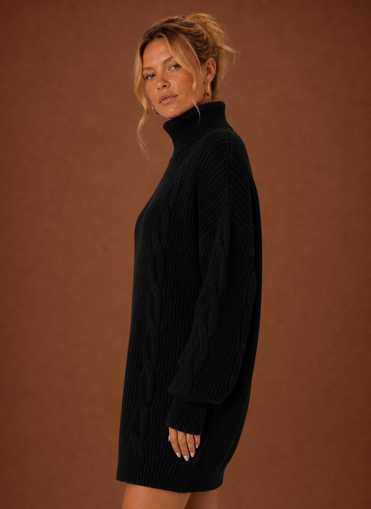 Schickes Damen Strickkleid mit Rollkragen, ideal für elegante Winter-Outfits.