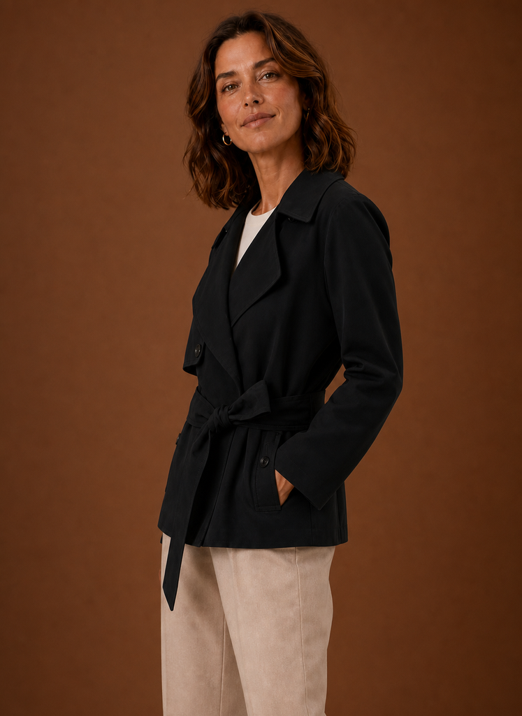 Hochwertiger Damen Trenchcoat mit Gürtel. Perfekt für ein schickes Business Casual Outfit im Herbst.