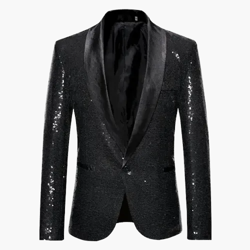 Herren Pailletten Smoking Sakko, eleganter schwarzer Glitzer Blazer für festliche Abendmode.
