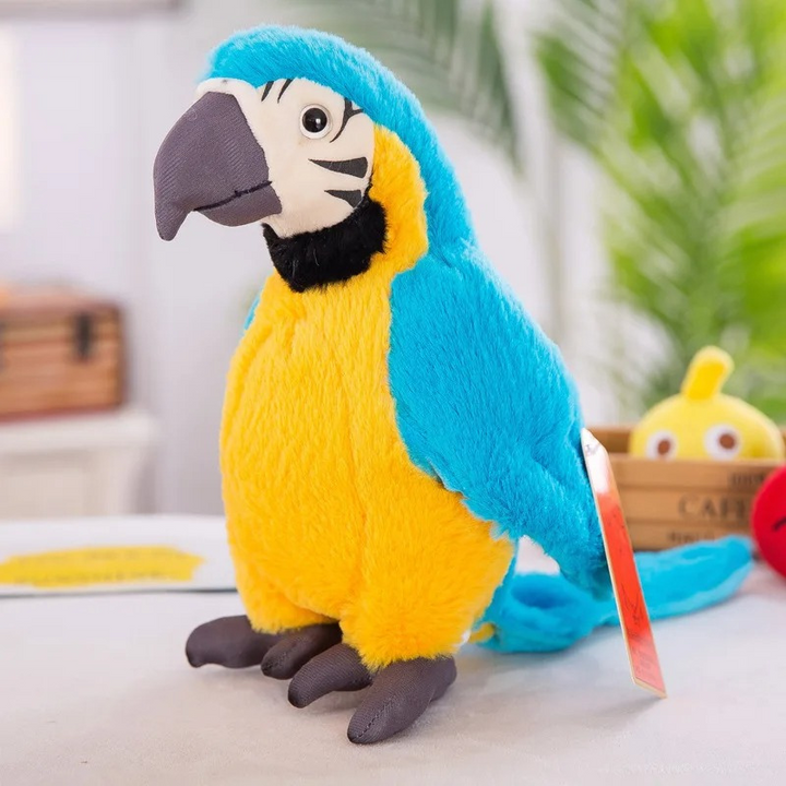 Bunter, weicher Plüschpapagei Squawkie. Interaktives, sprechendes Kinderspielzeug als Lernspielzeug. Für Kinder.