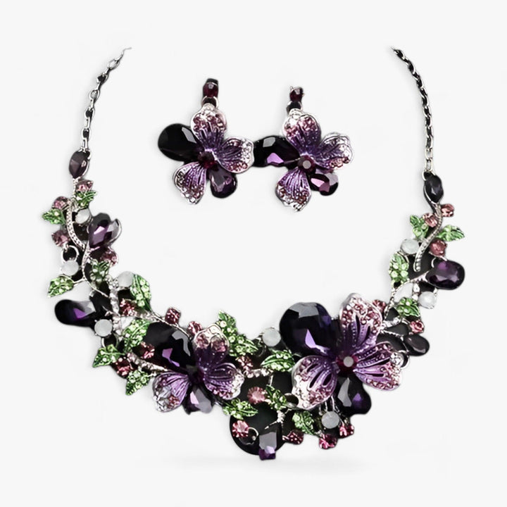 Festliches Emaille-Blumen-Schmuckset für Damen: Halskette und Ohrringe für Braut und besondere Feste.