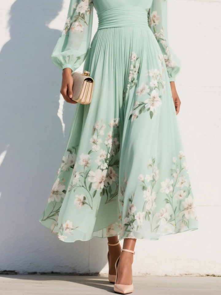 Damen Blumen Midi-Kleid für den Herbst, geeignet als elegantes Hochzeitsgastkleid oder für besondere Anlässe.