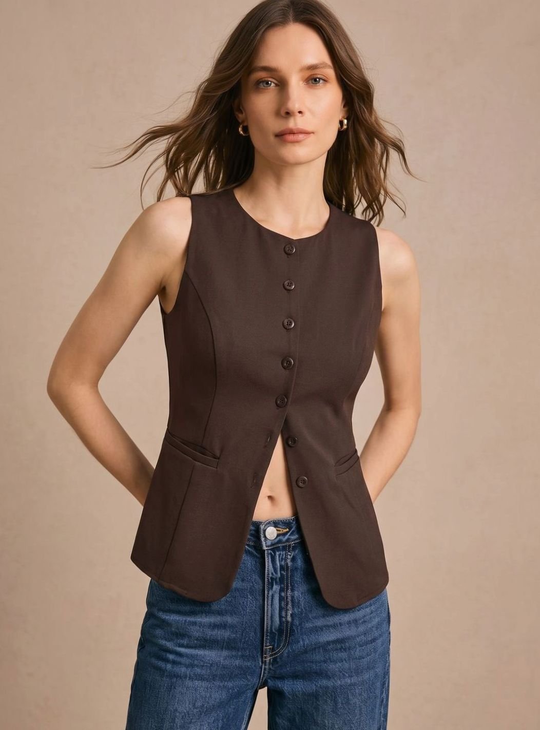 Damen Bodywarmer in elegantem Design, ärmellose Weste mit markanter Knopfleiste, vielseitig kombinierbar.